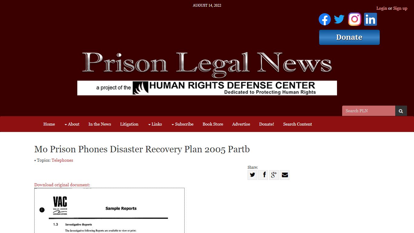 Mo Prison Phones Disaster Recovery Plan 2005 Partb ...